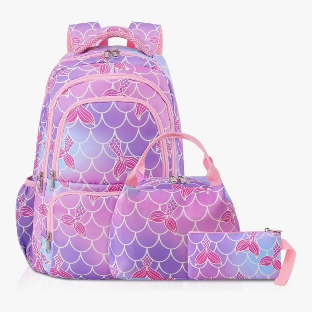 3-Piece Mermaid Scales Kids Backpack Set - Pink and Purple